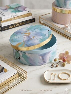 Elegant Blue Marble Pattern Round Keepsake Storage Box Gold Foil Accents New